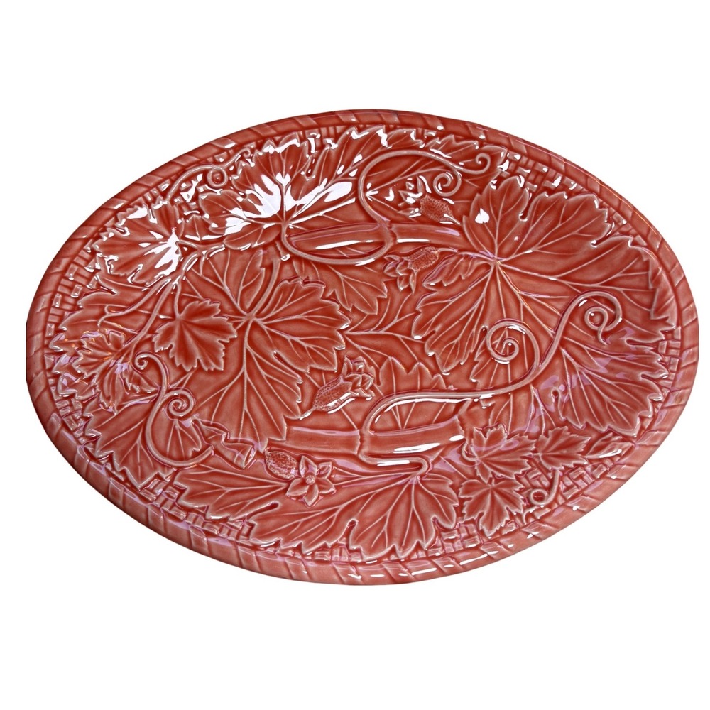 Vintage Bordallo Pinheiro Pink Majolica Grapevine Serving Platter 15" Portugal
